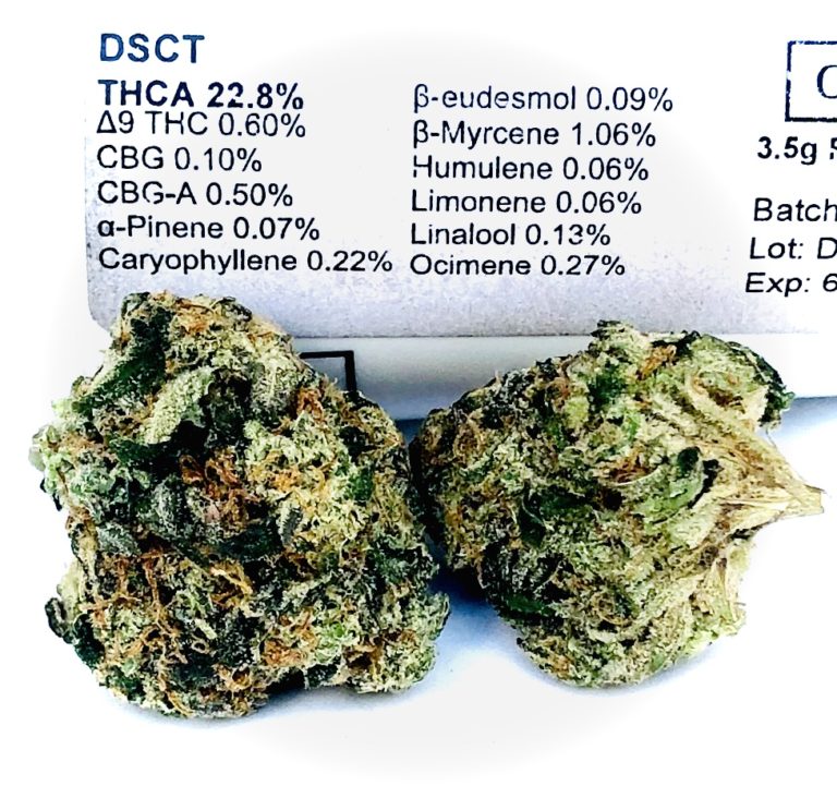 terpene and thc testing information displayed on curio label with two buds of DSCT in the foreground
