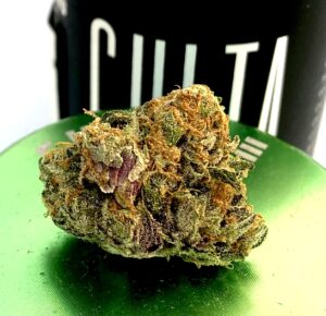 savage purple bud on metallic green grinder lid with Culta label on black Culta container in background