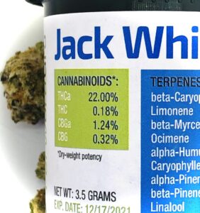 grass green colored cannabinoid label on forwardgro container of jack white cannabis strain
