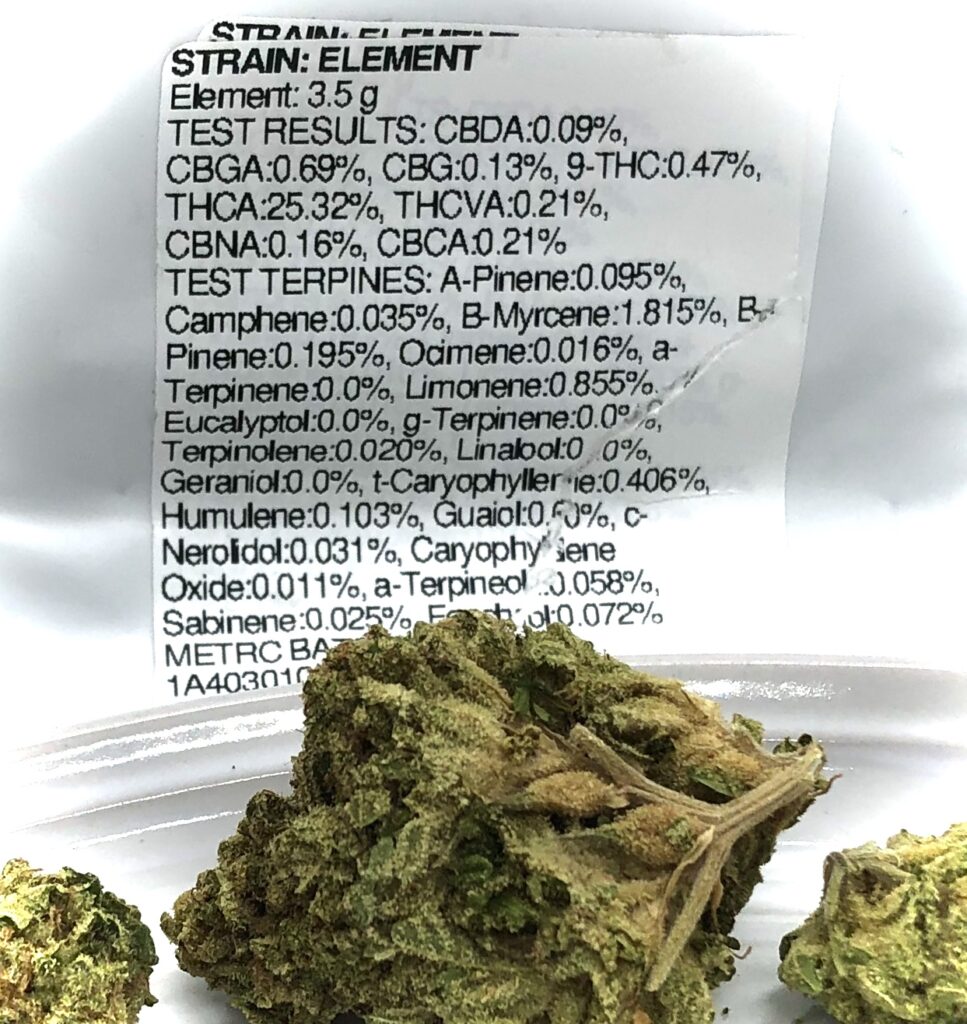 terpene and potency label for Harvest Modern Flower indica strain Element strain aka 5th Element