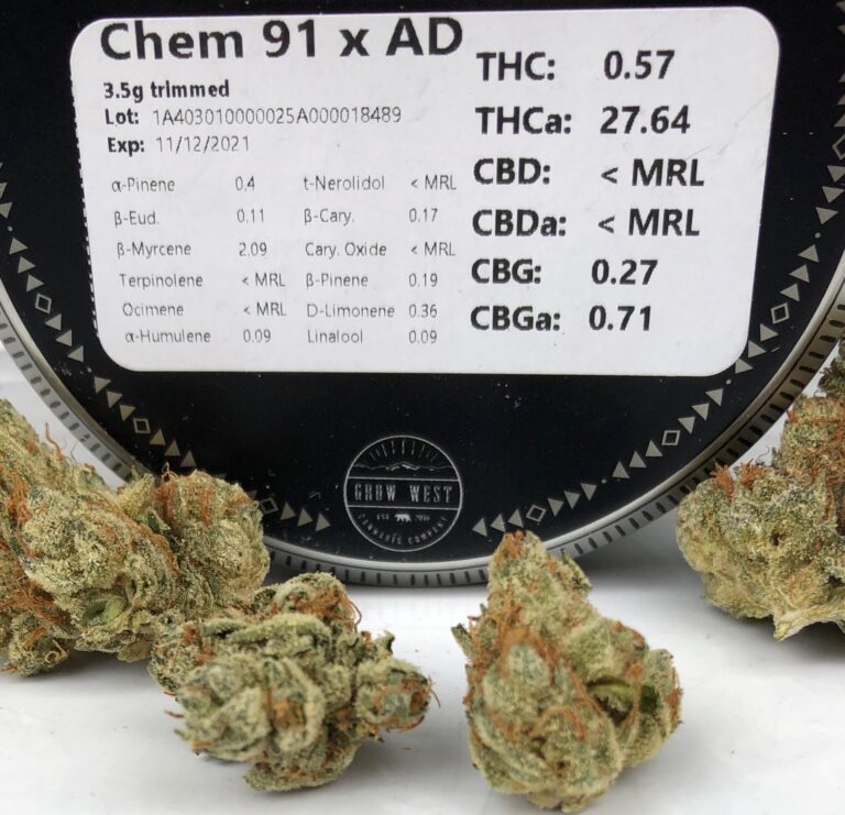 terpene and potency label on grow west container with buds of chem 91 x ad in the foreground