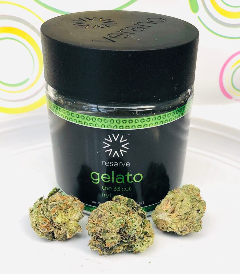 jar of gelato by verano with 3 buds in the foreground