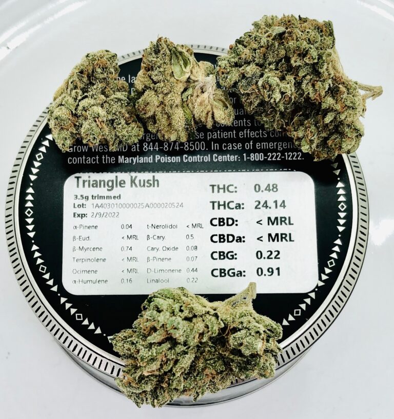 buds of triangle kush by grow west on top of tin surrounding terpene and potency label