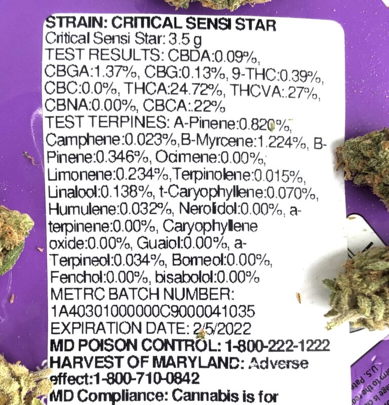 r potency and terpene testing label with buds arranged around the border