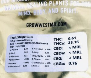 terpene testing label on grow west bag of fruit stripe gum strain