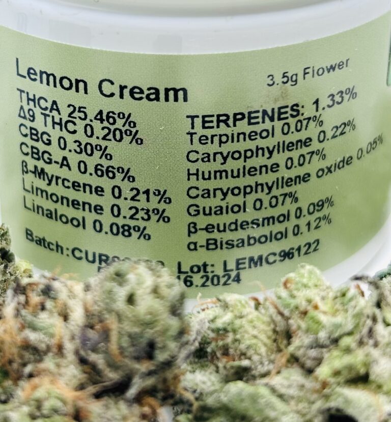 detialed potency and testing label with buds of lemon cream buds