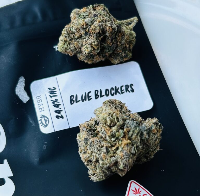 black Strane ziplock white label reading blue blockerz with green buds in foreground